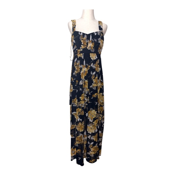 NWT Connected Apparel Y2K Babydoll Mustard Floral Chiffon Overlay Maxi Dress 12 - Picture 5 of 12